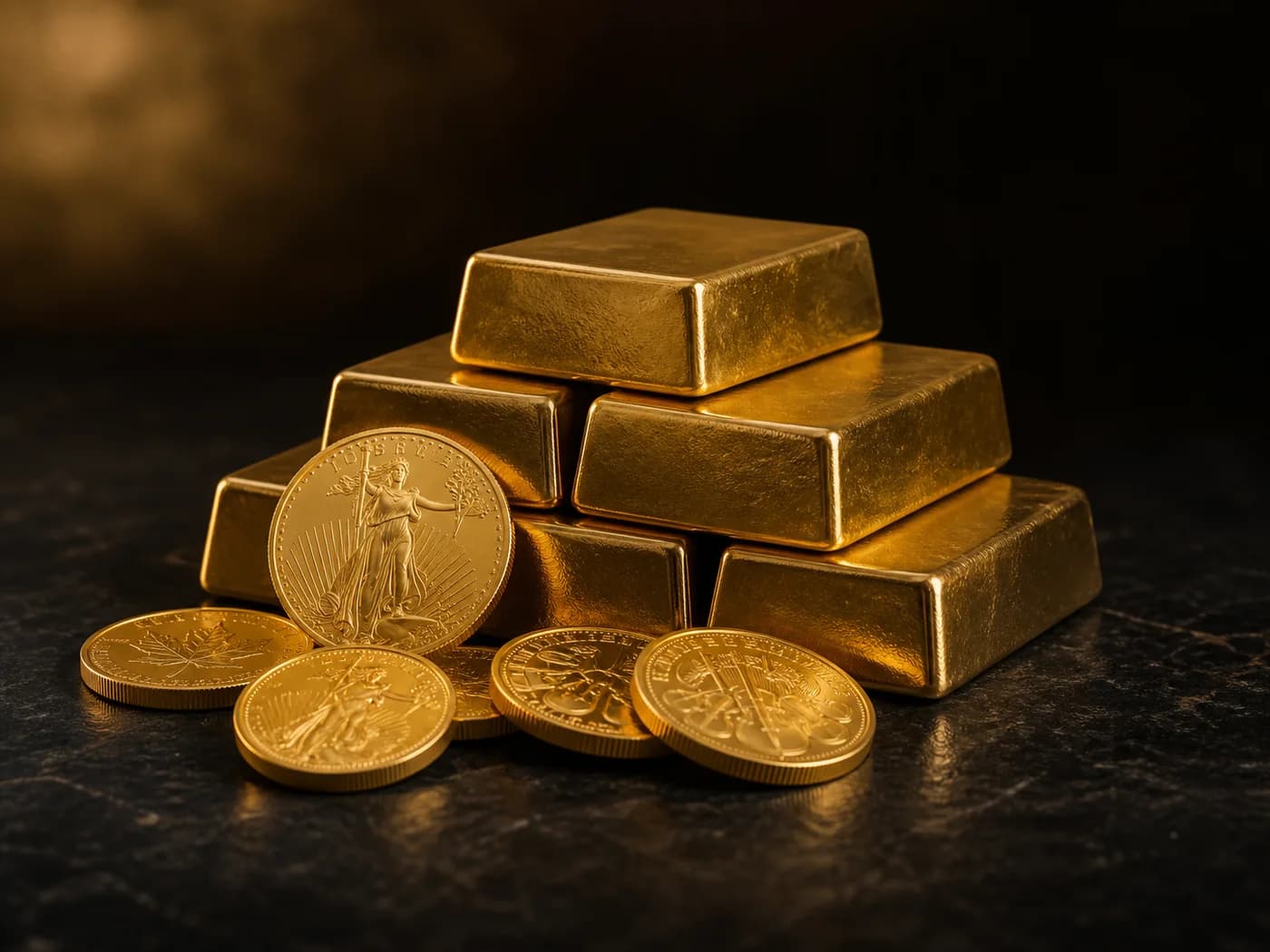 Gold bars and investment coins